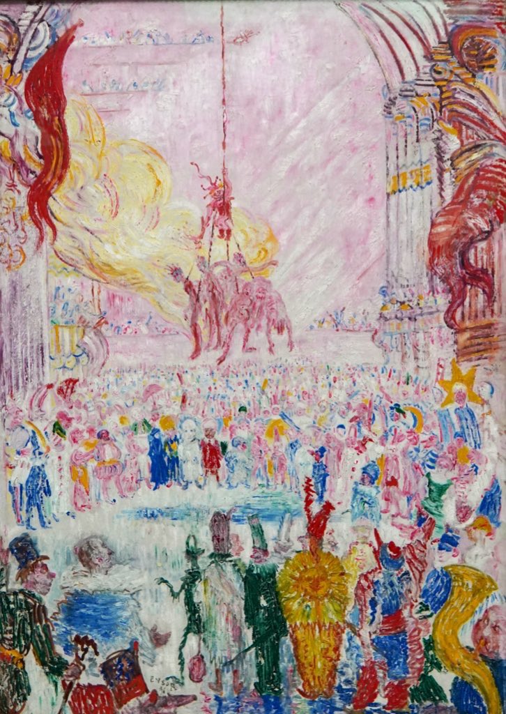 In een stampvol theater zijn de gemoederen verhit: brandende apen in de lucht! James Ensor verbeeldt hier de slotscène van het  verhaal van Edgar Allan Poe. Het bezingt de wraak van hofnar, een kreupele dwerg, op de corrupte koning en zijn ministers. <a href="/krollermuller/">Kröller-Müller Museum</a> #verkiezingen