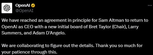 Criptoinforme's tweet image. 🌐OpenAI llega a un acuerdo para que Sam Altman regrese a OpenAI como director ejecutivo con una nueva junta inicial formada por Bret Taylor (presidente), Larry Summers y Adam D&apos;Angelo. 

#CriptoInfo