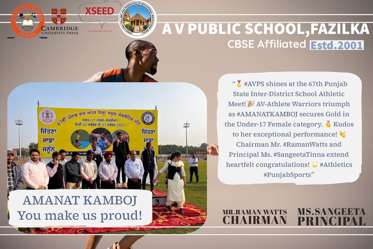 avpsfazilka's tweet image. #discusthrow
#gold

"🏅 #AVPS shines at the 67th Punjab State Inter-District School Athletic Meet! 🎉 AV-Athlete Warriors triumph as #AMANATKAMBOJ secures Gold in the Under-17 . 🥇 Kudos to her exceptional performance! 👏 Chairman Mr. #RamanWatts and Principal Ms. #SangeetaTinna