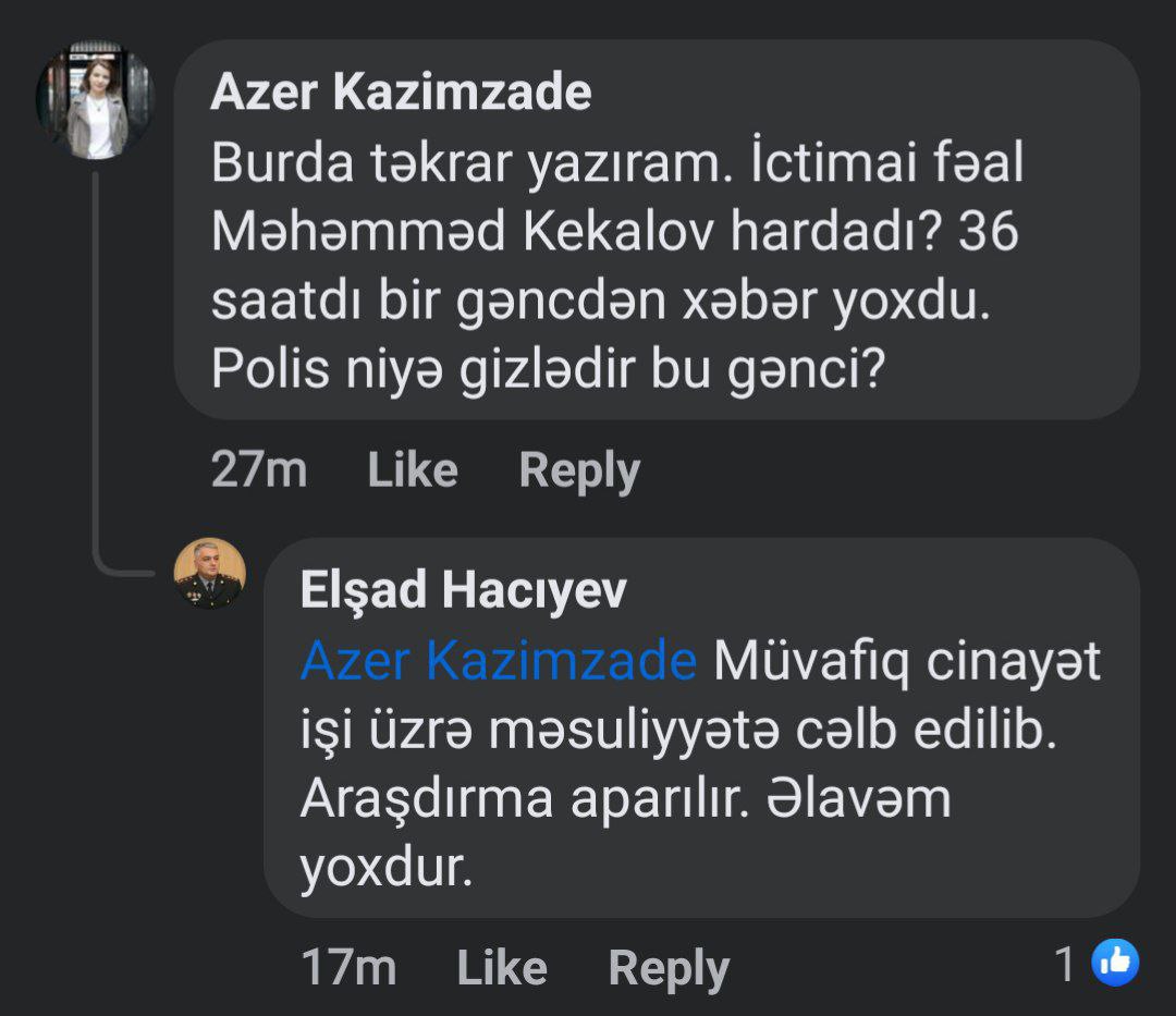 UlviyyaAli's tweet photo. Daxili İşlər Nazirliyindən bildirilib ki, Məhəmməd Kekalov müvafiq cinayət işi üzrə məsuliyyətə cəlb edilib. https://t.co/XyqiZrsjpO