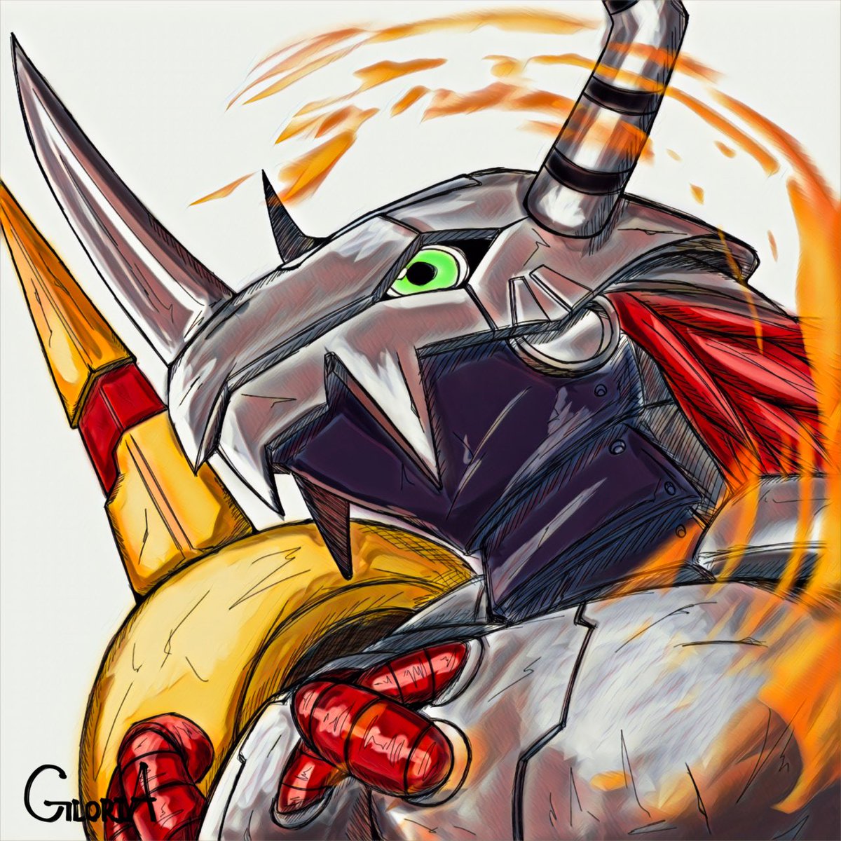 green eyes solo horns digimon (creature) helmet armor no humans  illustration images