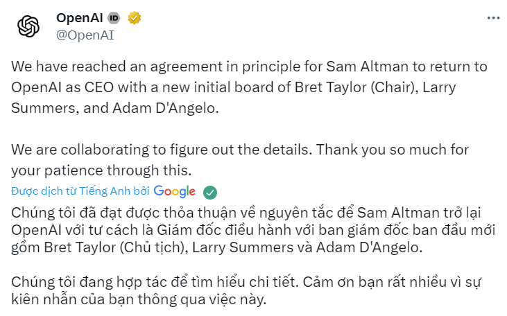 DenliuC's tweet photo. Mới đây, @OpenAI đã công bố đạt được thỏa thuận mời #SamAltman quay trở lại chiếc ghế CEO tại #OpenAI
Vậy là tiếp tục sóng #AI comeback trở lại, mặc dù hơi lằng nhằng
WELCOME BACK @sama 🥰🙏 https://t.co/JiND366GKz