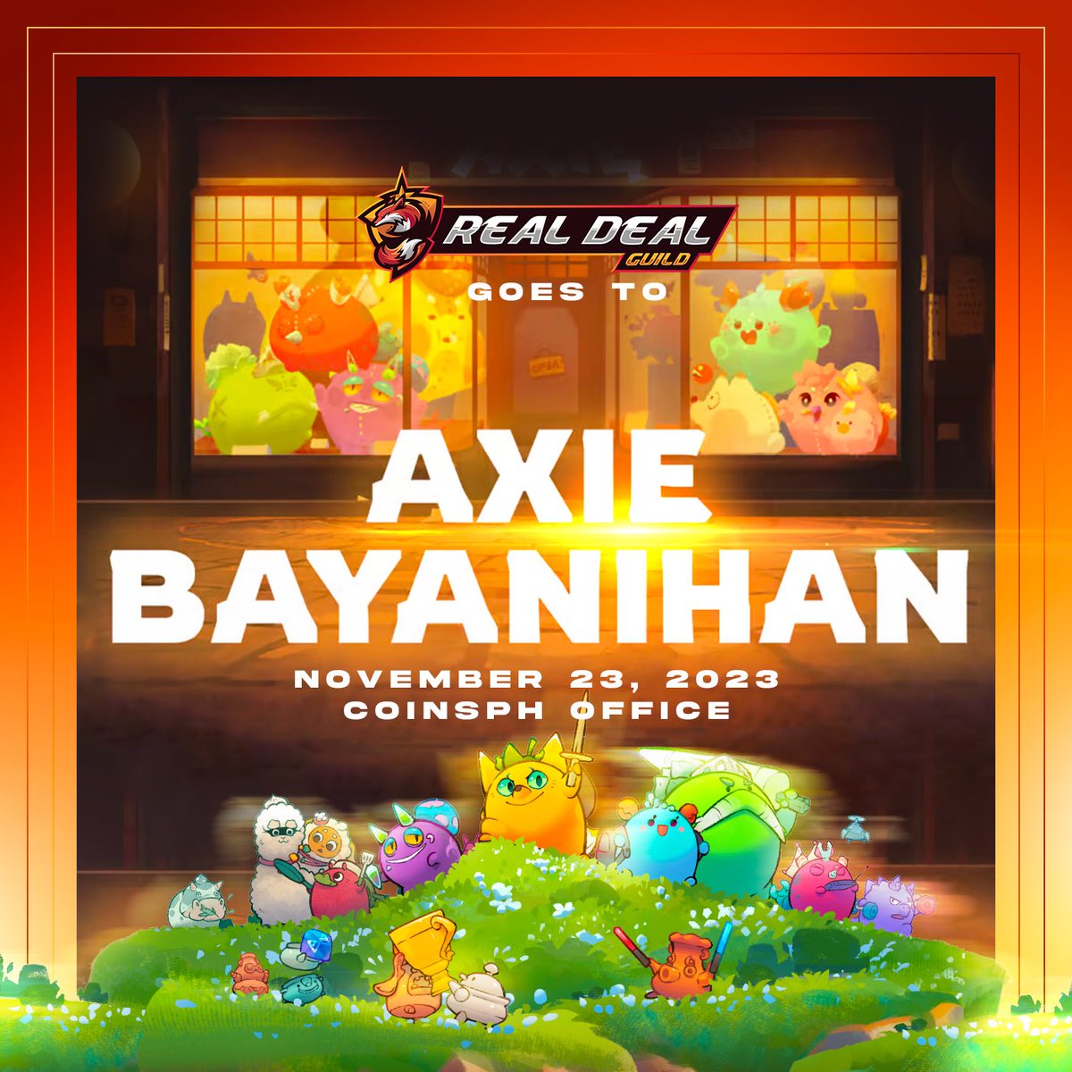 realdealguild's tweet photo. The Real Deal Guild is gearing up for Axie Bayanihan! 🚀

We’re thrilled to be a part of this exciting event and we can’t wait to interact with the legend, @Jihoz_Axie and the entire Axie community! 🫡🦊

Get ready for some epic moments! 🔥 https://t.co/CklqvcNlGb