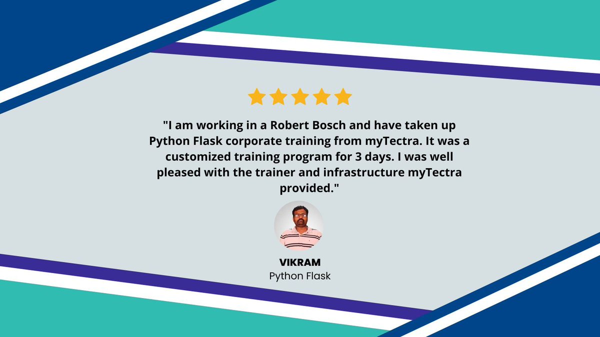 mytectra's tweet image. Thank you, Vikram! Delighted to hear you had a positive experience with myTectra's Python Flask training. We appreciate your feedback and are here for any future learning needs. Happy coding!
#PythonTraining #FlaskDevelopment #CorporateLearning