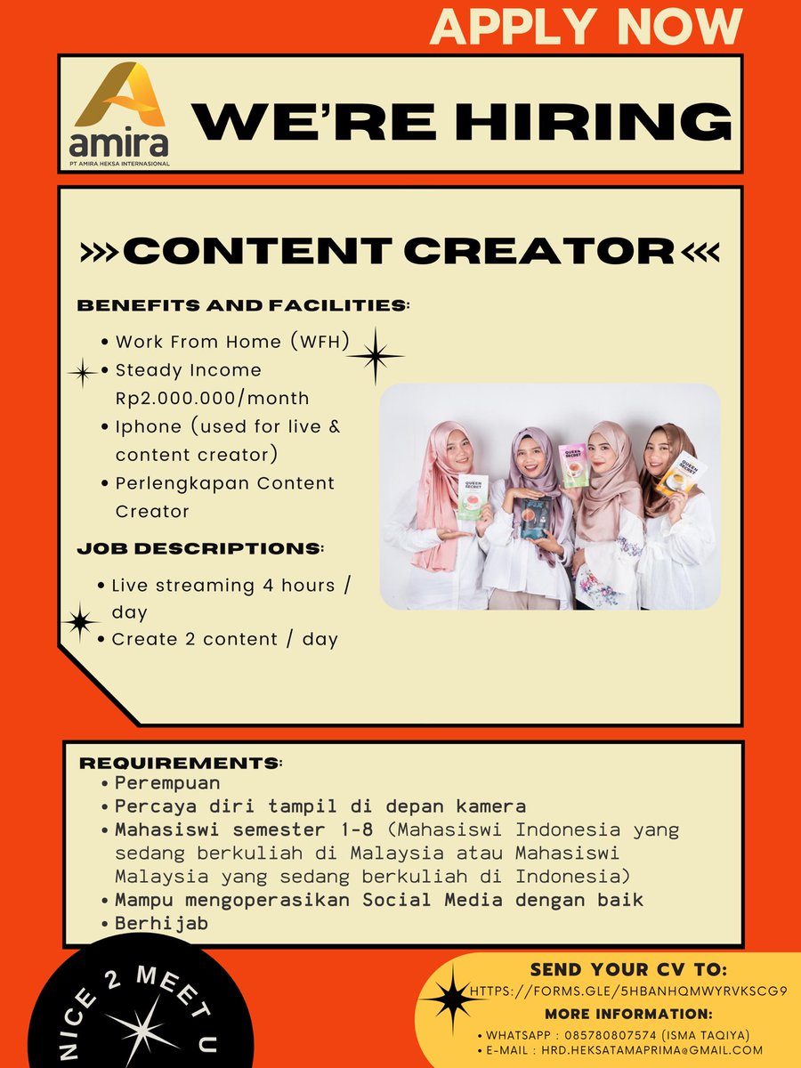 (HELP RT) 

Hello everyone!🙌🏻

we’re #hiring !
Currently PT. Amira Heksa Internasional open a vacancy for Content Creators:

❕Requirements on pict:

If you are intersted, kindly submit your update #cv &amp; profile through the following link : forms.gle/5hbAnHQmwyRvKS…

thank you!🙌🏻