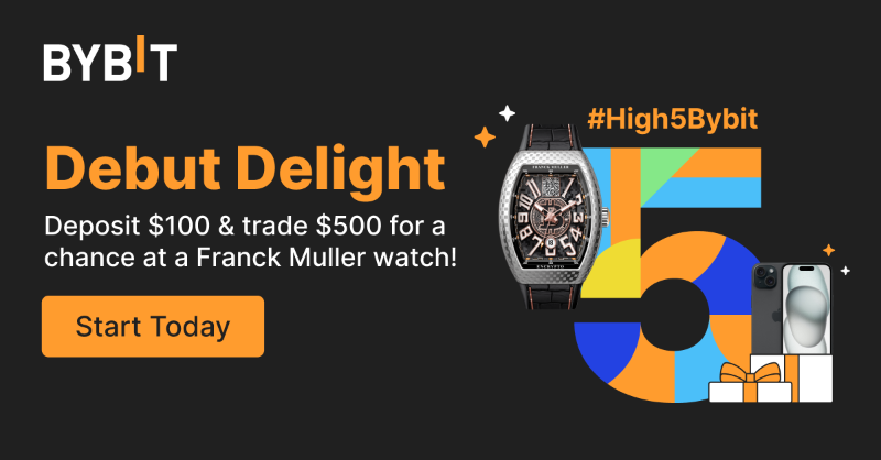 Bybit_Official's tweet photo. Just started, or ready to start your crypto journey with Bybit? 
Join our #High5Bybit:Debut Delight Lucky Draw! 

Deposit $100, trade $500, and unlock the chance to win fantastic prizes like a Franck Muller watch⌚️, iPhone 15📱, and more! 🎁

Details: https://t.co/JaMPWII7ob 👈👀