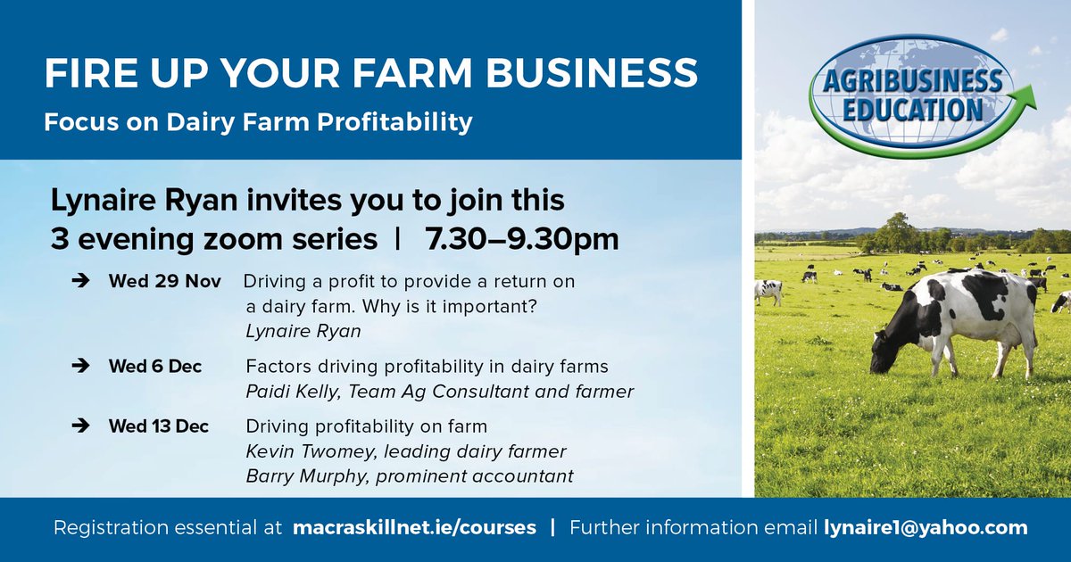 Join us for this informative zoom series focusing on profitable Dairy Farming. Only a few days left to register at macraskillnet.ie
