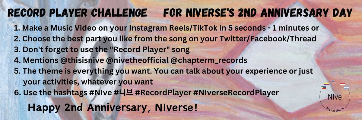 NIve_indonesia's tweet photo. Happy 2nd Fandom Anniversary, NIverse!
We have a challenge for celebrating today's special day & of course the newly released song "Record Player" ๐
We can't wait to see your participation! Fighting!
#NIverse #๋๋ธ์ด์ค #ChapterM #NIveGlobalUnion #2Years_NIverse https://t.co/jGWgzE1ilN