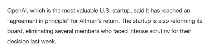 Sam Altman to return as OpenAI CEO https://t.co/BCDONj3BRk https://t.co/b0H8TB6XYO