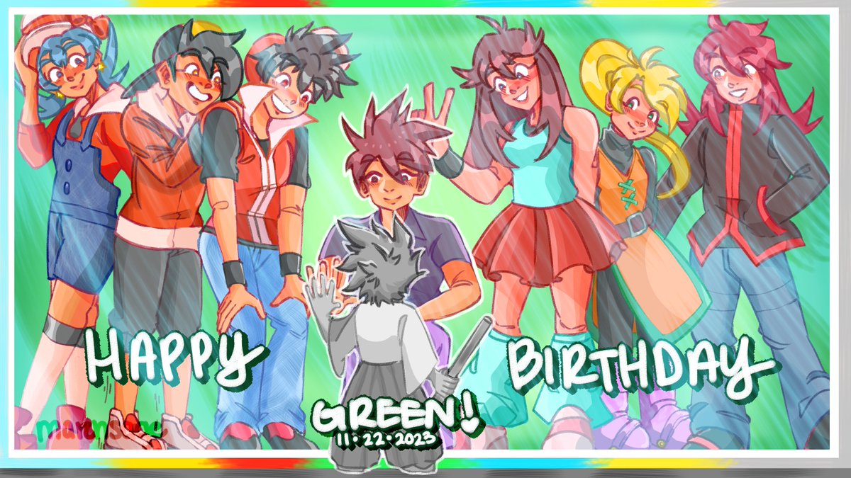 happy birthday green :3!!!! 💚💙💚
here's the banner i got to draw for his bday in the pokespe server! 

[#グリーン生誕祭2023] 
[#グリーン誕生祭2023]
[#pokespe]