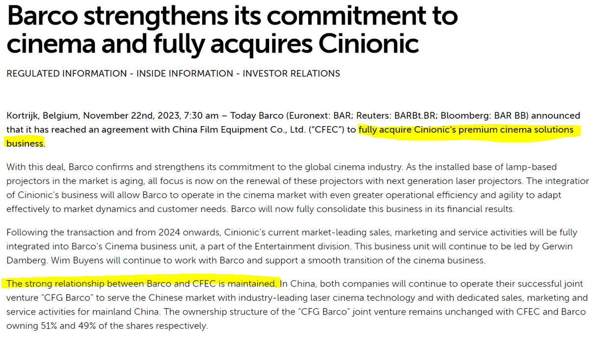 TSimonts's tweet photo. Barco cinemagroep gaat de “premium cinema solutions”-afdeling van #Cinionic overnemen om "nog efficiënter en flexibeler te opereren in de Chinese bioscoopmarkt". De activiteiten worden in “Cinema business” geplooid, terwijl "CFG Barco" joint venture doorloopt. Nul details, handig https://t.co/qYHRph3S8a