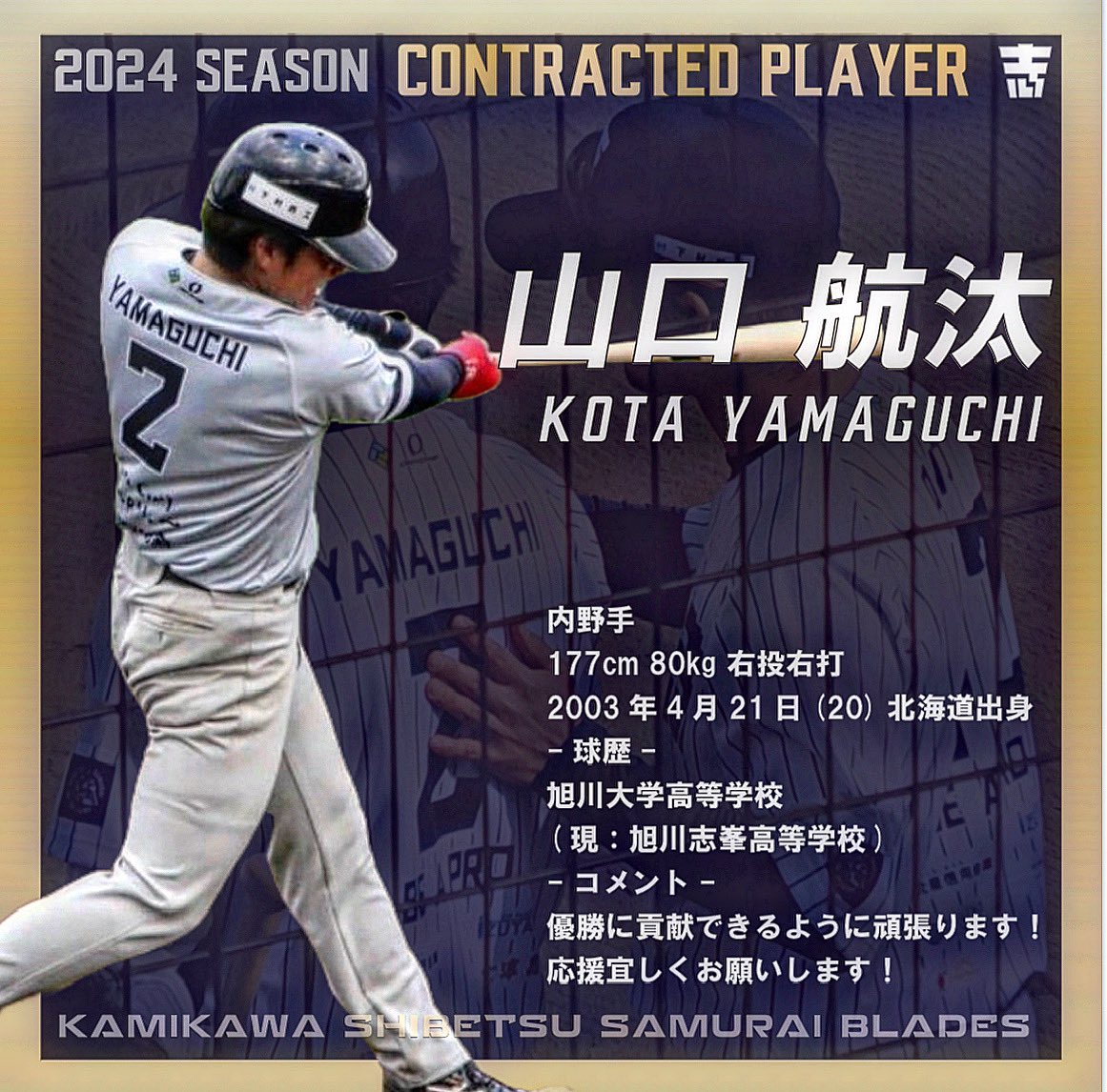 【契約更新のお知らせ】
このたび #士別サムライブレイズ では #山口航汰 選手と選手契約を締結しましたので、お知らせいたします。

#北海道フロンティアリーグ
#独立リーグ