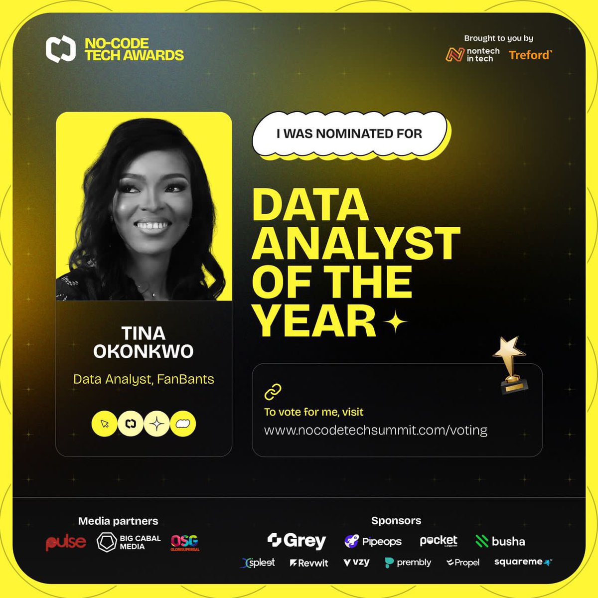 Hey Datafam 😁

It’s that time of the month where we need you

You all know <a href="/Rita_tyna/">Tina Okonkwo</a> and how amazing and selfless she is 

Your girl has been nominated as “Data Analyst of the Year” 

Cast your votes here nocodetechsummit.com/voting

Also like and retweet this post, she must win 🤩
