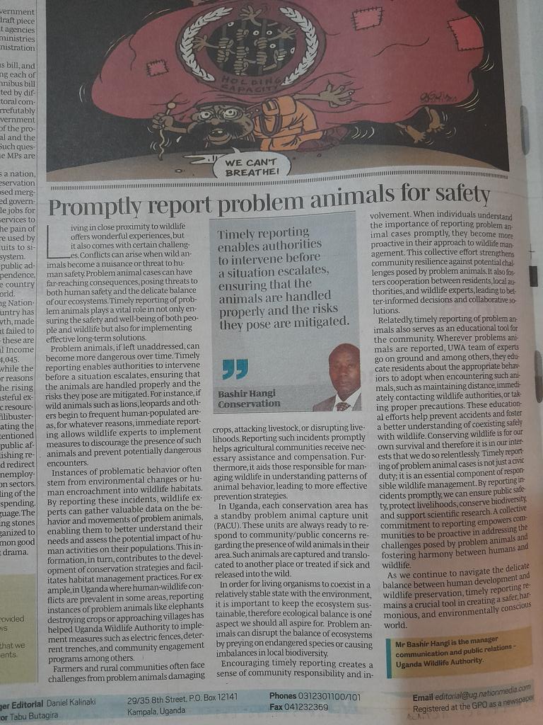 'Timely reporting of problem animals plays a vital role in not only ensuring the safety & well-being of both people & wildlife but also for implementing effective long-term solutions. ' Manager Public Relations @ugwildlife Mr @bashirhangi @DailyMonitor @MTWAUganda