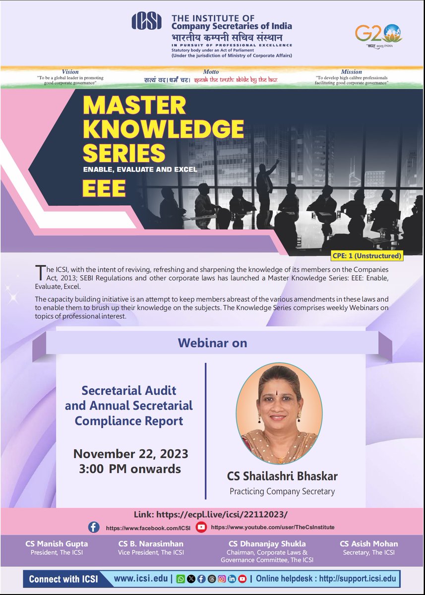 icsi_cs's tweet photo. Webinar on #SecretarialAudit &amp; Annual Secretarial #Compliance Report. Watch live at 3:00 PM on 22.11.2023 @ https://t.co/FEY3E2RbbK @g20org https://t.co/14Abm96NXY