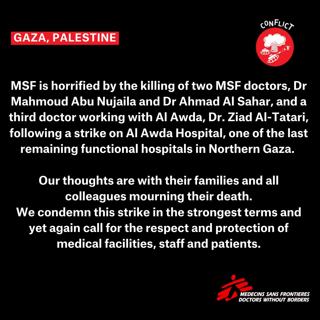 Our colleagues who are assisting hundreds of patients in #Gaza are facing extremely difficult times in providing the little medical care they can. Seeing doctors killed next to hospital beds is beyond tragic, and this must stop now. msf.or.ke/news-and-resou…