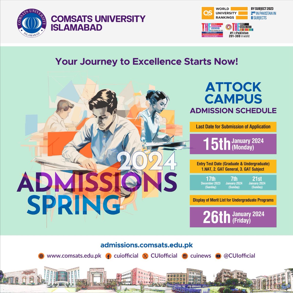 #Admissions Spring 2024 are now open at all 7 Campuses of #COMSATS University Islamabad Go through detailed schedule of #CUIAttock Campus and mark your calendars for Deadline to Apply, NTS Exam dates &amp; Merit Lists.
Apply now at: admissions.comsats.edu.pk
#CUI #CUINews #CUIOfficial