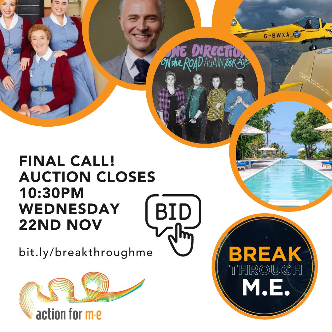 Final Call! Today is the last day to bid on exclusive experiences and memorabilia in our charity auction benefiting people with ME. Don't miss your chance to make a difference and win! The auction closes at 10:30pm tonight! Bid now: bit.ly/breakthroughme #CharityAuction