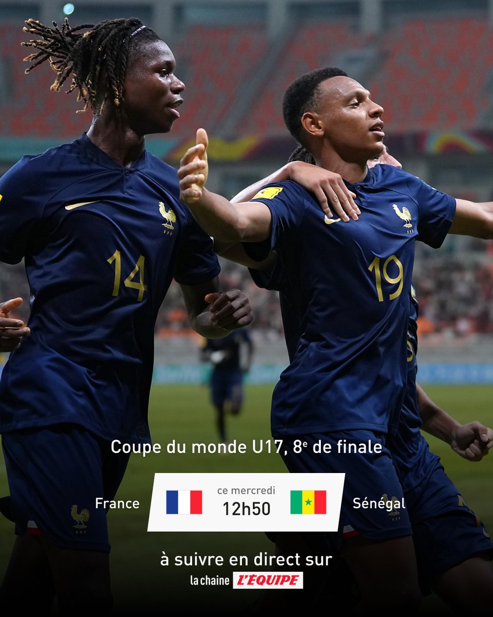 Suivez en direct et en clair le huitième de finale de la Coupe du monde U17 entre la France et le Sénégal sur la chaine @lequipe ! #lequipeFOOT