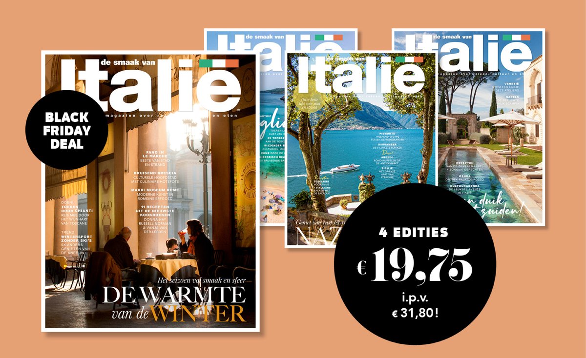 Voor jezelf of als cadeau: tot en met volgende week woensdag delen we een geweldige Black Friday actie. Ontvang de vier komende edities van De Smaak van Italië met korting! Ben je abonnee? Via de mail ontvang je een exclusieve actie.
desmaakvanitalie.nl/black-friday-k…