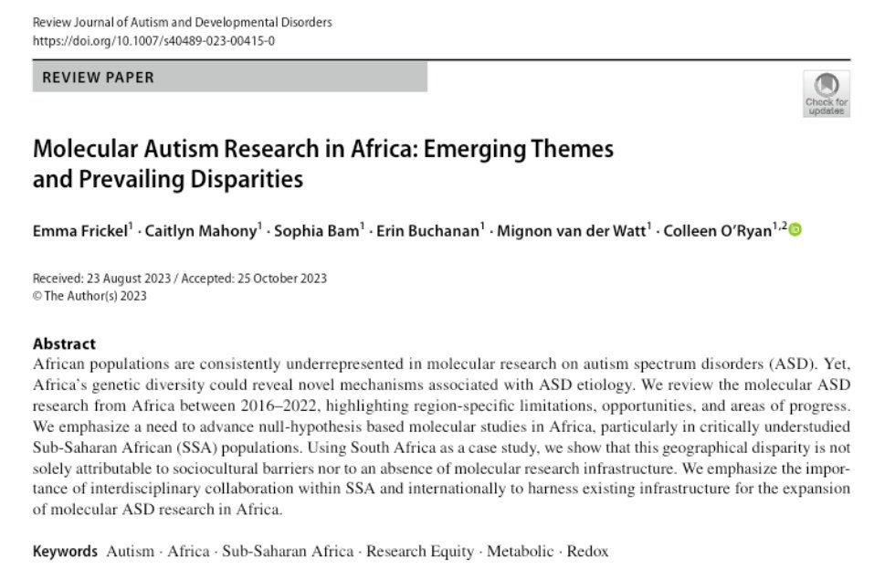 Yolisa_Bam's tweet photo. This recent publication from our lab paints a picture of the scarcity of molecular #autism research in Africa. The numbers are sobering!

Full print: https://t.co/DGmlgHiMpV 

#autismresearch #genomicresearch #womeninscience #scienceinAfrica https://t.co/eHSEZRuWdP