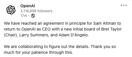 NomadicMehul's tweet photo. 🎉🚀 Big News Alert: @sama makes a triumphant return as CEO of @OpenAI! 🌟
The visionary leader is back at the helm, steering us toward a future brimming with innovation and possibilities in AI. 🤖✨
Buckle up for an exhilarating journey! 🚀 #AI #OpenAI #SamAltmanIsBack https://t.co/7m4LoPIBCq