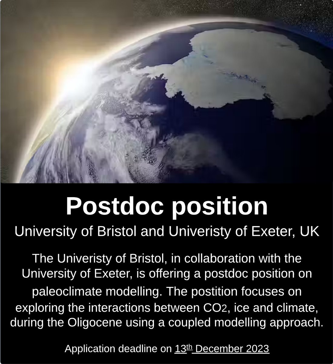 Exciting postdoc position in paleoclimate modelling at @BristolUni and @UniofExeter to work with @OceanFMonteiro, @ClimateSamwell and @egw_gasson. Link to apply: jobs.ac.uk/job/DED895/res…