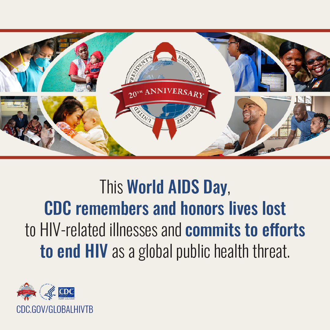 CDCKenya's tweet photo. On this #WorldAIDSDay, we remember and honor lives lost to HIV-related illnesses and commit to efforts that #EndHIV as a global health threat. https://t.co/0dLJUVT52g #WAD2023 #PEPFARat20 @PEPFAR https://t.co/eMQO2xxMPO
