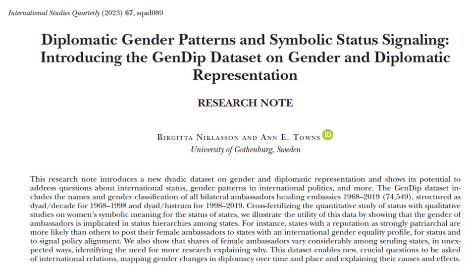 📢 New dataset, on gender and diplomatic representation 1968-2019, introduced in ISQ article (links below). 74,549 ambassadors coded. 1/4 @ISQ_Jrnl