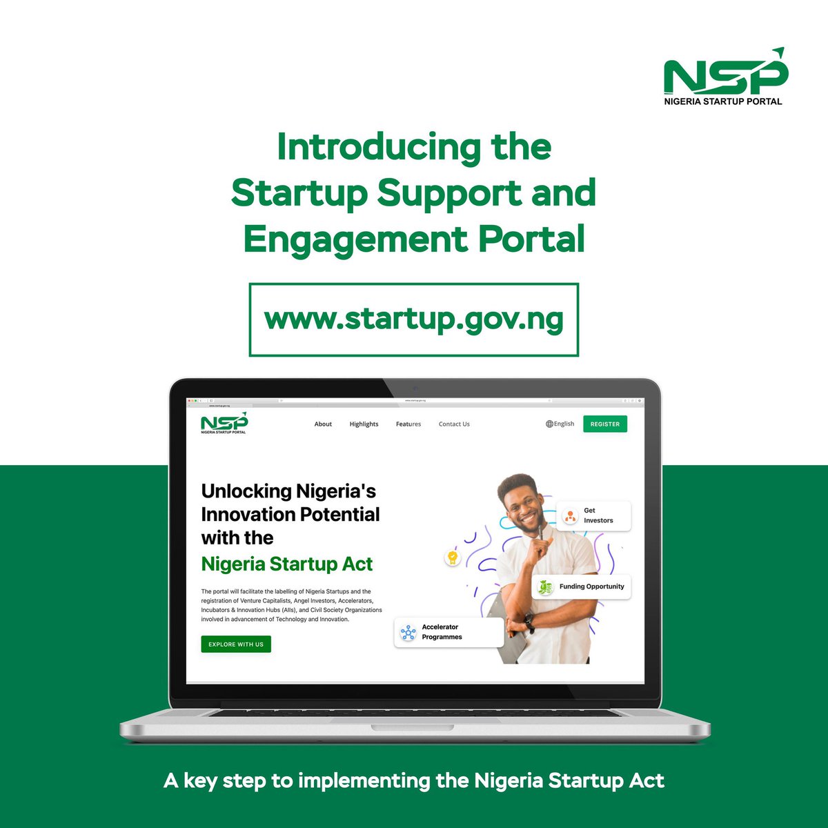 NITDA Nigeria (@nitdanigeria) on Twitter photo HAVE YOU REGISTERED?
The Startup Support and Engagement Portal has been launched by the Honourable Minister of Communications Innovation and Digital Economy, <a href="/bosuntijani/">Dr. 'Bosun Tijani</a>
The portal is a key requirement for the implementation of the Nigeria Startup Act.
This portal HAVE YOU REGISTERED?
The Startup Support and Engagement Portal has been launched by the Honourable Minister of Communications Innovation and Digital Economy, <a href="/bosuntijani/">Dr. 'Bosun Tijani</a>
The portal is a key requirement for the implementation of the Nigeria Startup Act.
This portal