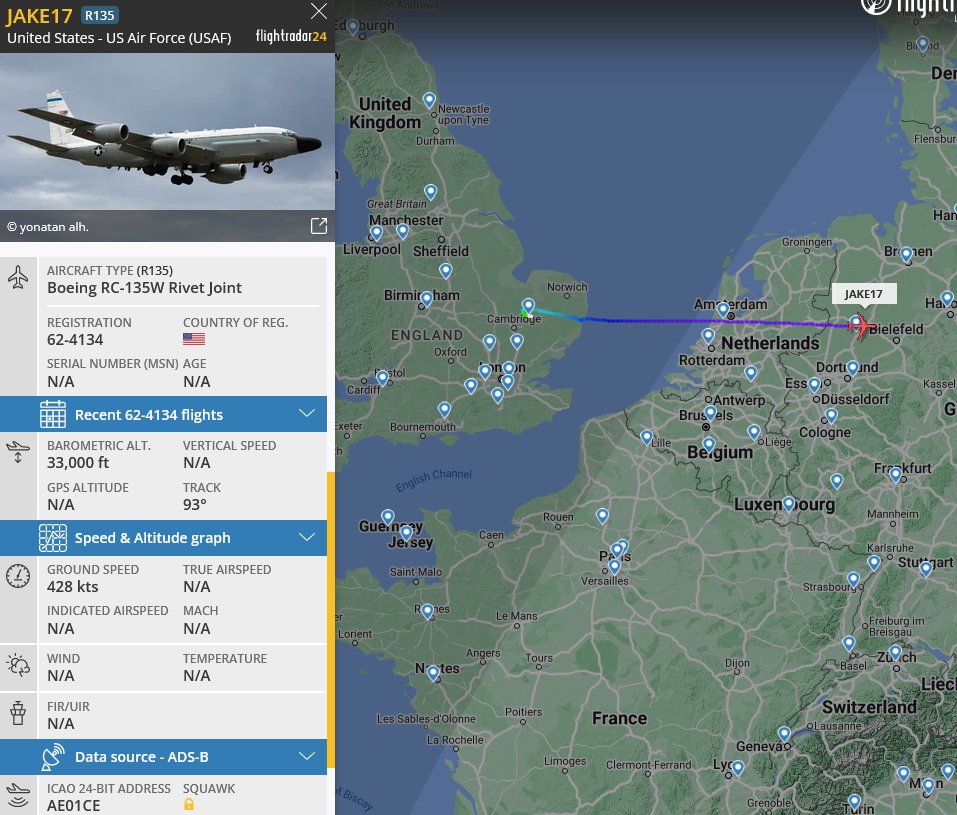 BDataS_08's tweet photo. USAF RC-135W heading East #JAKE17 https://t.co/t2EL002AW0