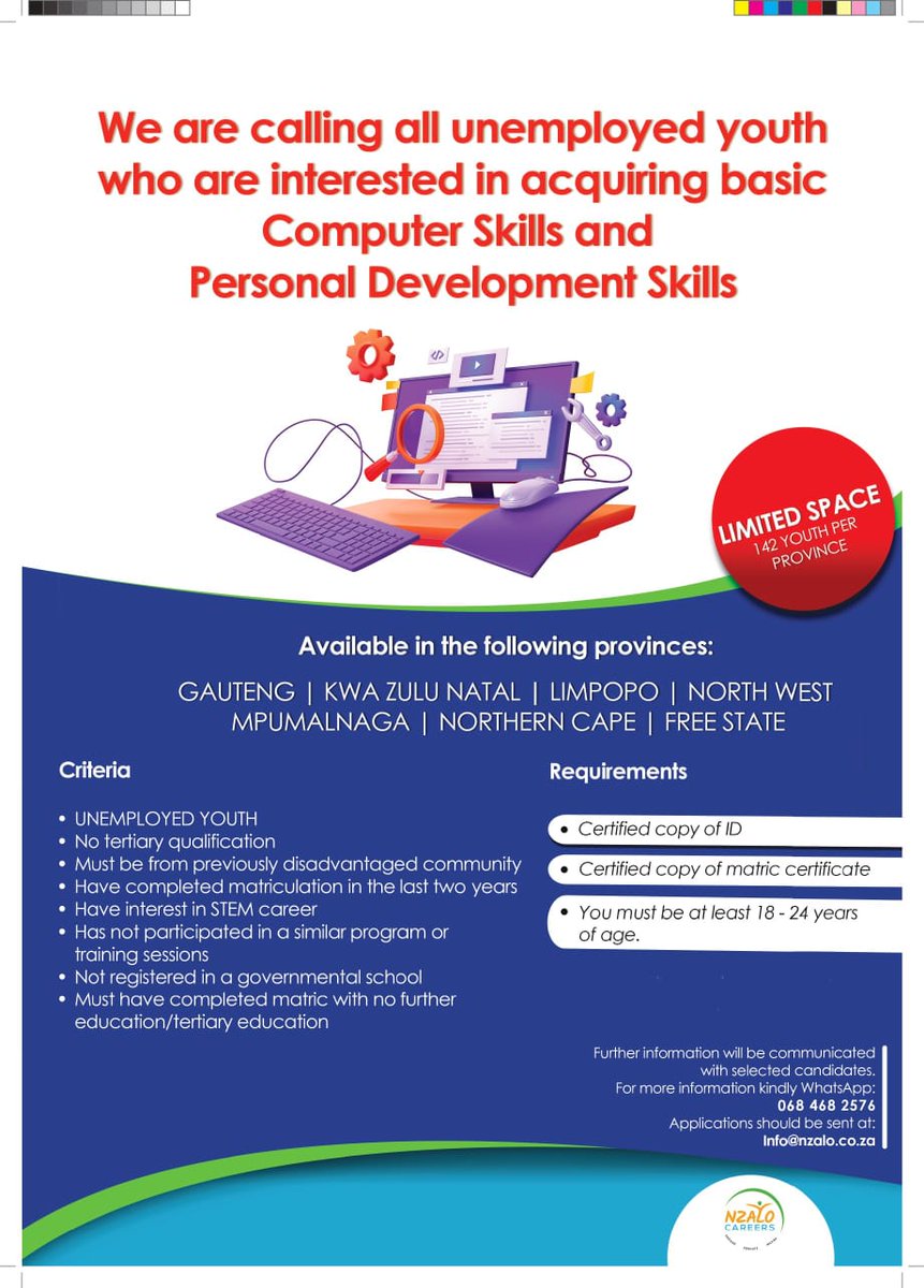 SCHOLARSHIPS 🔌

Ready for the WORLD OF WORK! All unemployed youth from disadvantaged communities who are interested in personal development and acquiring basic computer skills , an opportunity is here for you. 

Grab it while you still have the chance!!