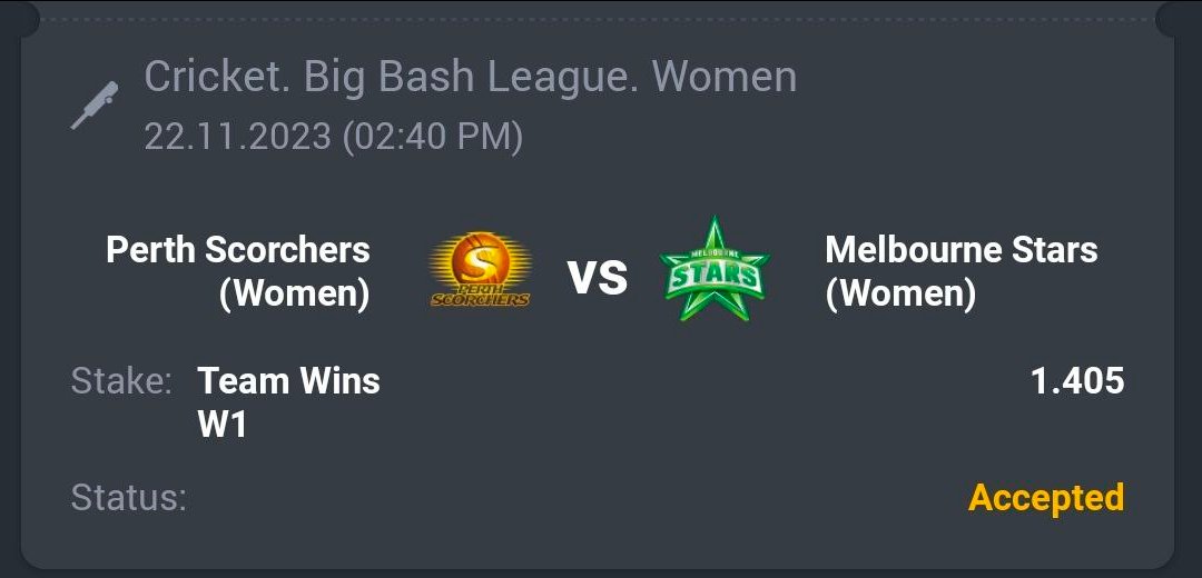 Cricket - Big Bash League Women

🏏 Perth W ML
🔖 1.40
💵 21 Units

#GamblingTwitter #SportsBetting #TeamParieur #SportsBet #Betting #FreePicks #A3RBET #SportsBettor

#CricketTwitter #Cricket #WBBL #BigBashWomen #WBBL09 #ScorchersBBL #Perth #MadeTough #StarsBBL

Like + RT