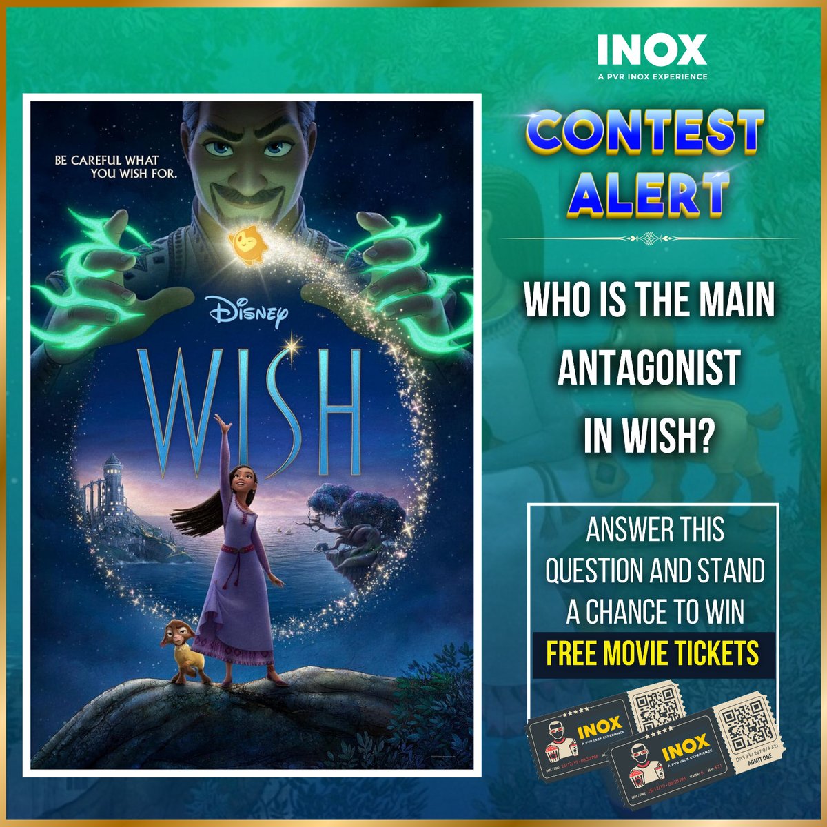 INOXMovies's tweet photo. #Wish #ContestAlert at #INOX! 🍿

Take part in our exciting quiz about an enchanting animated movie.

Test your movie knowledge and have a chance to win tickets!

🤩 Follow the steps below and win a chance to get movie tickets👇

📸 To enter:

1: Share your answer and mention your city in the comment.

2: Tag @inoxmovies and your friends.

3: Tag #WishAtINOX contest & follow.
.
Movie Releasing at an #INOX near you on 24th November.
.
#Hollywood #Animation #Adventure #Fantasy #Disney #ArianaDeBose #ChrisPine #AlanTudyk