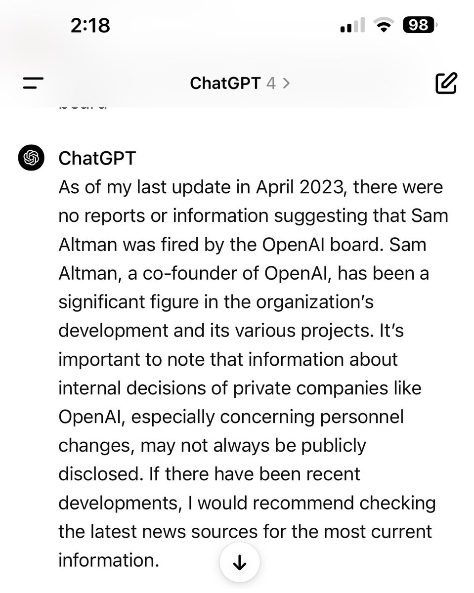 I asked ChatGPT why @Sama was fired by the board. Neither AI nor the humans at OpenAI appear to know what’s going on. What could possibly go wrong …