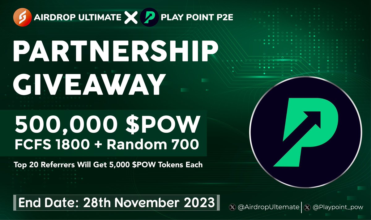 Airdrop Ultimate (@airdropultemate) on Twitter photo 🥳 PlayPoint P2E X Airdrop Ultimate #Giveaway
🏆 Prize Pool «» 500,000 $POW
✅ Follow <a href="/AirdropUltemate/">Airdrop Ultimate</a> &
<a href="/Playpoint_pow/">Play Point P2E $POW</a>
✅ Like, RT & Tag 3 Friends
✅ Complete #Gleam⤵️
gleam.io/Por93/play-poi…
⏳ Ends 28th November
#PlayPoint #Airdrop #Giveaway #Crypto #POW #ETH #P2E 🥳 PlayPoint P2E X Airdrop Ultimate #Giveaway
🏆 Prize Pool «» 500,000 $POW
✅ Follow <a href="/AirdropUltemate/">Airdrop Ultimate</a> &
<a href="/Playpoint_pow/">Play Point P2E $POW</a>
✅ Like, RT & Tag 3 Friends
✅ Complete #Gleam⤵️
gleam.io/Por93/play-poi…
⏳ Ends 28th November
#PlayPoint #Airdrop #Giveaway #Crypto #POW #ETH #P2E