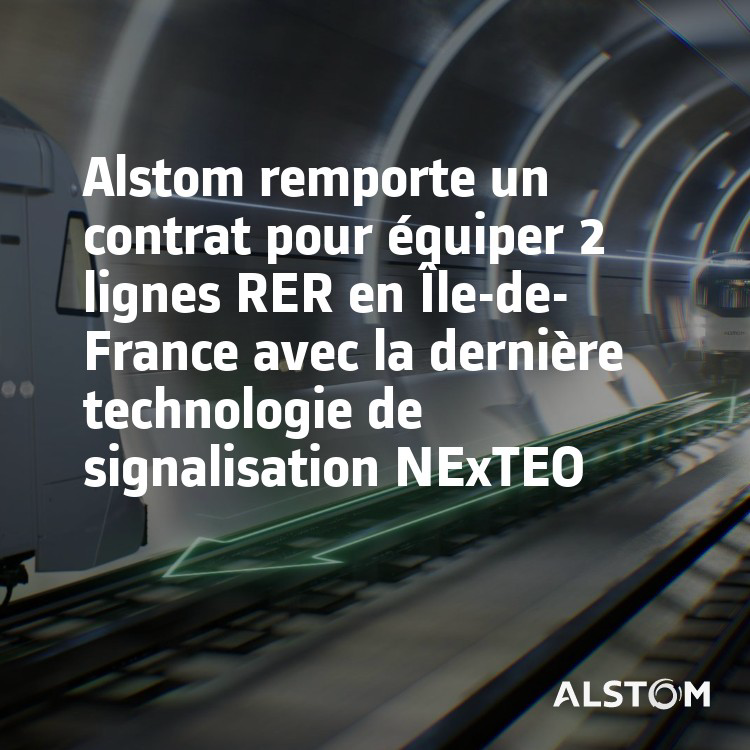AlstomFrance's tweet photo. Alstom remporte un contrat de 300 millions d’euros pour équiper 2 lignes RER en Île-de-France avec la dernière technologie de #signalisation NExTEO 

En savoir plus : https://t.co/PzROrTd0Ug https://t.co/cZOvzuXWgh
