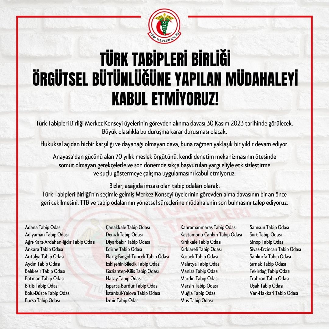 43 Tabip Odasından Ortak Açıklama:
Türk Tabipleri Birliği Örgütsel Bütünlüğüne Yapılan Müdahaleyi Kabul Etmiyoruz!

"Türk Tabipleri Birliği Merkez Konseyi üyelerinin görevden alınma davası 30 Kasım 2023 tarihinde görülecek. Büyük olasılıkla bu duruşma karar duruşması olacak.