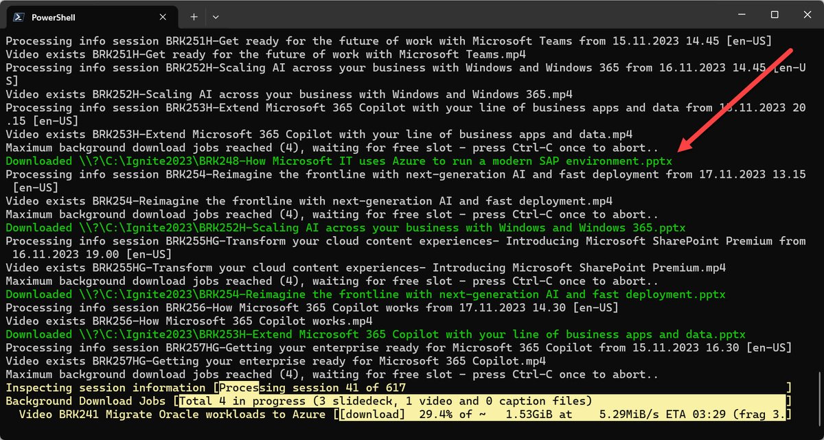 MikaSeitsonen's tweet photo. And should you want to download them all (now 63 files, 5.3 GB), head to https://t.co/JmlZ3Ah5N2 and use e.g. .\Get-EventSession.ps1 -Event Ignite2023 -NoVideos -DownloadFolder D:\Ignite2023. I almost couldn't believe my eyes when checking current situation a while ago😮 https://t.co/wiWfyYb16D