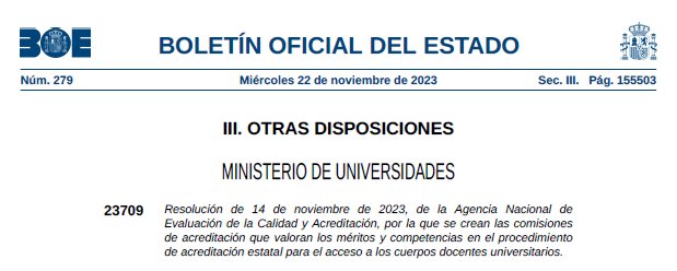 ✅Publicada la resolución por la que se crean las comisiones de acreditación de acuerdo al RD 678/2023
✅Se amplían de 21 a 30 para reducir tiempos de espera y se activan el 1 de enero
✅Se crea una Comisión 0. Interdisciplinar
#RDacreditacionANECA #LOSU
boe.es/boe/dias/2023/…