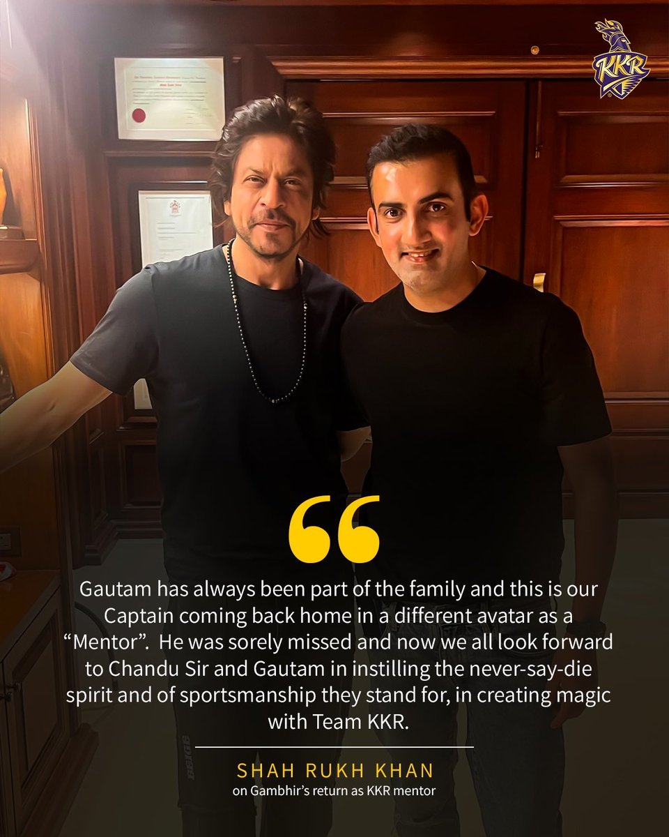 srkhooghlyfans's tweet photo. "Gautam has always been part of the family and this is our Captain coming back home in a different avatar as a "Mentor". @iamsrk @KKRiders
@RedChilliesEnt @GautamGambhir
#GGisBack https://t.co/PoGAUYeb8B