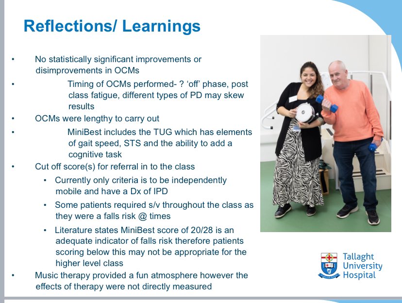 Thanks to @KatieMa43324954 for presenting her evaluation of a higher level Parkinson’s Disease Exercise Class. Super collaboration with our MDT colleagues including Music Therapy #TUHWorkingTogether #proudphysiomanager #QIDay2023