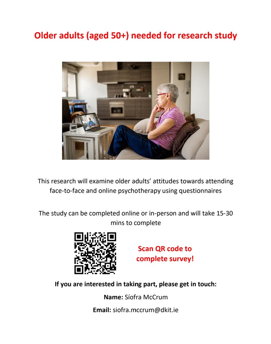 I am now recruiting adults aged 50+ for my research on attitudes towards psychotherapy with <a href="/CASALATWEET/">NetwellCASALA</a>  <a href="/DkIT_ie/">DkIT</a> 📝📝 Please follow the link to complete the online survey: dkitsohs.qualtrics.com/jfe/form/SV_38…