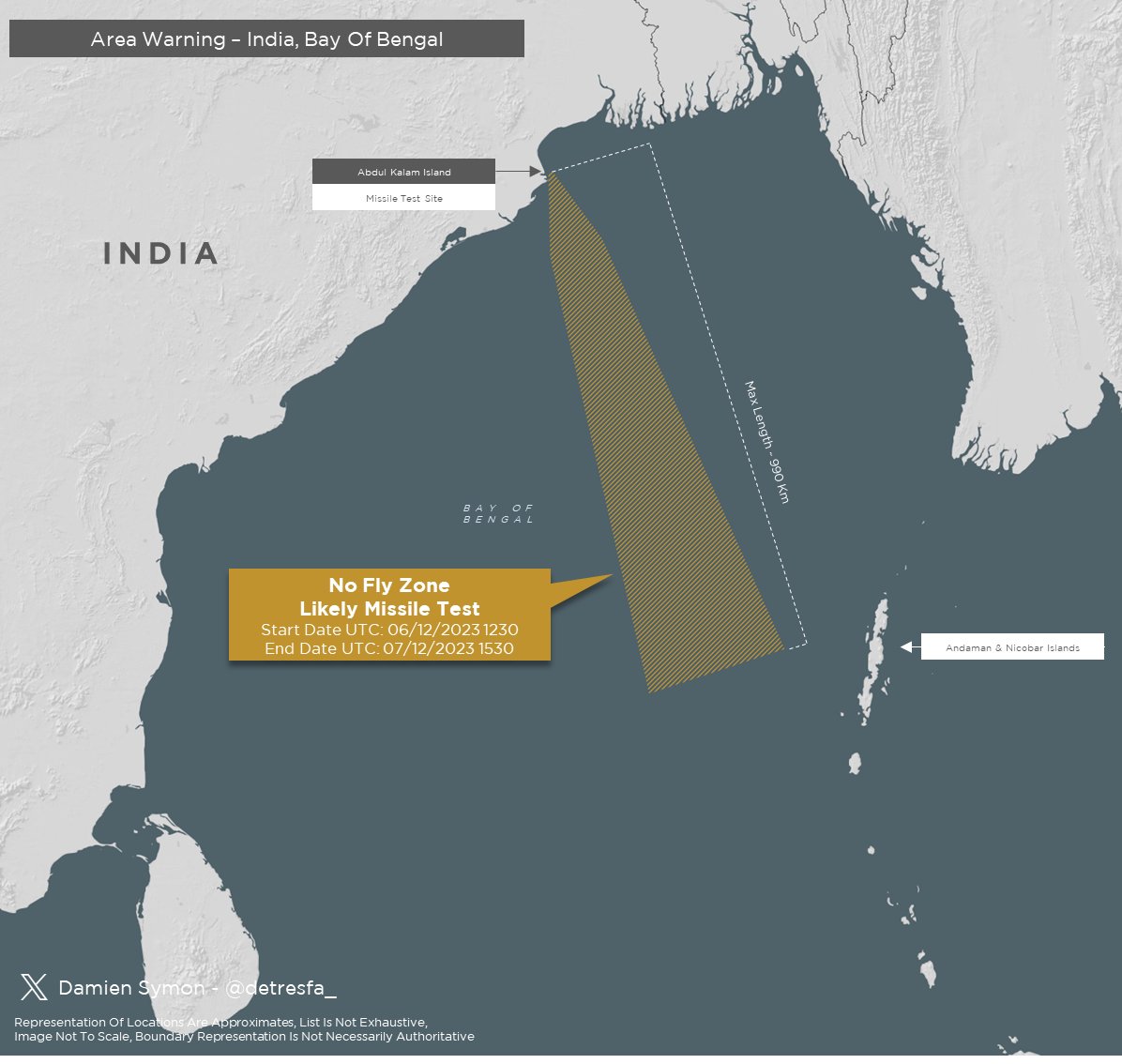 #AreaWarning #India issues a notification for a no fly zone over the Bay Of Bengal, indicative of a likely missile test Dates | 06-07 December 2023