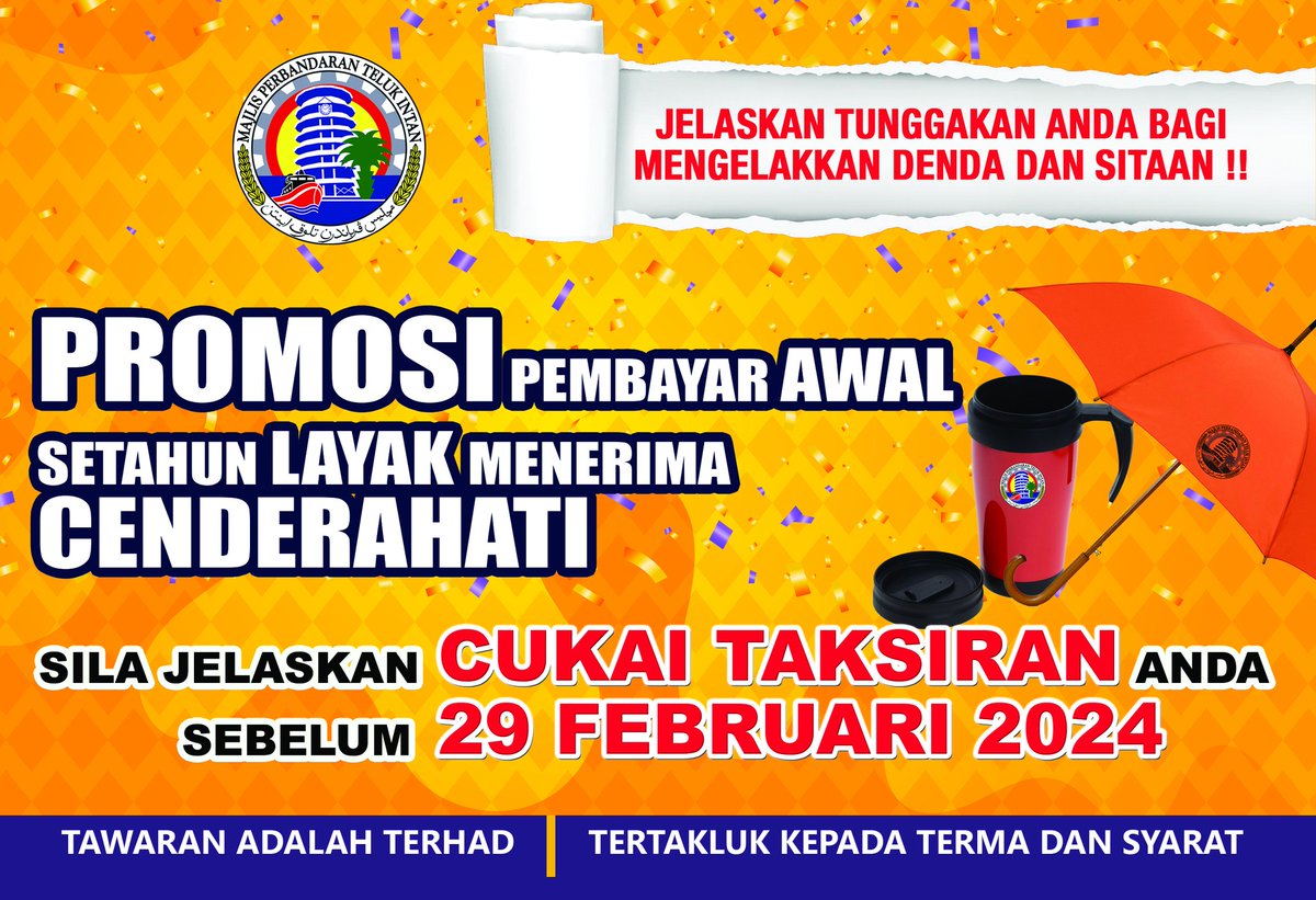 MPTI18's tweet photo. Promosi pembayaran awal SETAHUN layak menerima cenderahati daripada MPTI.
Sila Jelaskan cukai Taksiran anda sebelum 29 Februari 2024

#majlisperbandarantelukintan
#makmurdanharmoni https://t.co/k7EyE8IcKE