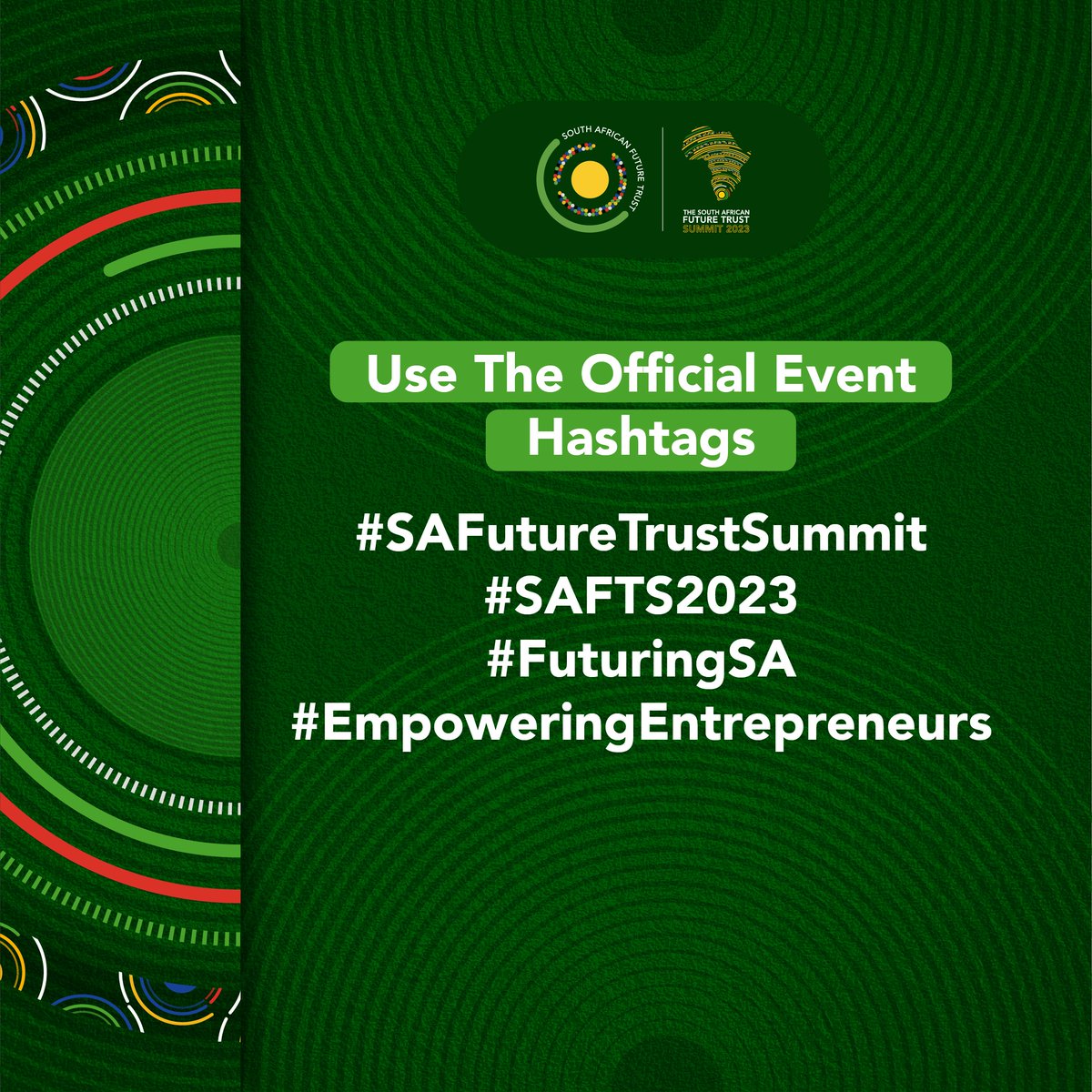 SAFutureTrust's tweet photo. Find all the latest updates on #SAFutureTrustSummit 2023 by following and using the official event hashtags!

#SAFTS2023 #FuturingSA #EmpoweringEntrepreneurs #SAFutureTrustSummit https://t.co/YeMYQMAJ57