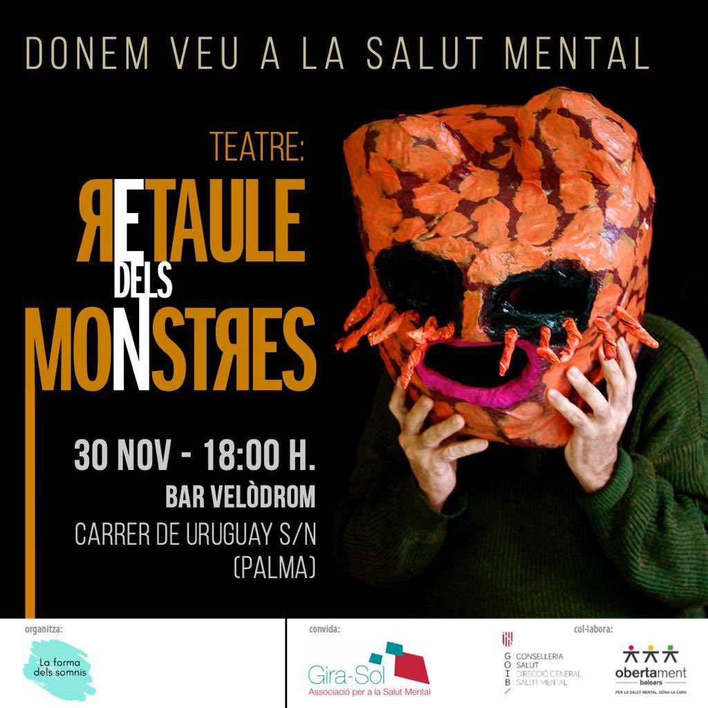 Dia 30 de novembre arriba al Bar Velòdrom de @GIRASOLSalutMen “Retaule dels monstres”. Una cita amb el teatre i la salut mental. Vos hi esperam! @SalutGOIB @OSMIB_IBSalut #ObertamentBalears
