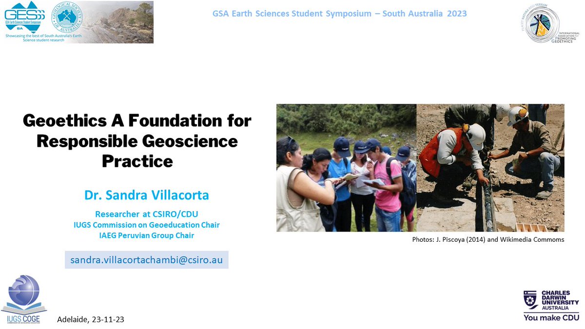 Thrilled to present tomorrow: '#Geoethics: A Foundation for Responsible Geoscience Practice' at #GESSSA2023, outlining the importance of #geosciences in a #SustainableFuture! #Follow the #event: gessssa.wordpress.com/2023-program/ #Research #Education #FutureGenerations #gesssa #Adelaide