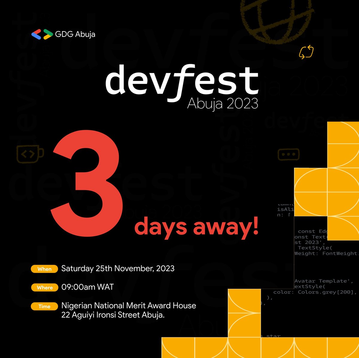 gdgabuja's tweet image. DevFest Abuja is just 3 days away!!!🚀

As the clock ticks away, excitement builds! 
In just 3 days, #DevFestAbuja will ignite the tech sphere with groundbreaking insights, networking, and hands-on experiences. Gear up for a tech extravaganza that promises to redefine boundaries.