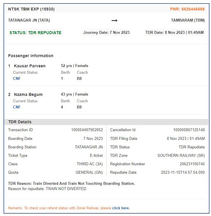 imMZK07's tweet photo. @RailMinIndia Refund Help Needed Booked Train 15930 TATA to TBM on 7 Oct, sudden change due to an SMS from @IRCTCofficial, booked an alternative. Now, #IRCTC repudiates my TDR status, citing "train not diverted." Seeking prompt resolution! #RefundIssue PNRs 6854902721, 6626446698 https://t.co/hDxNqgF3r2
